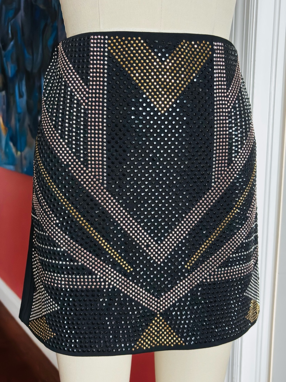 Divided Black Mini Skirt with Gold & Silver  Studded in Geometric Design